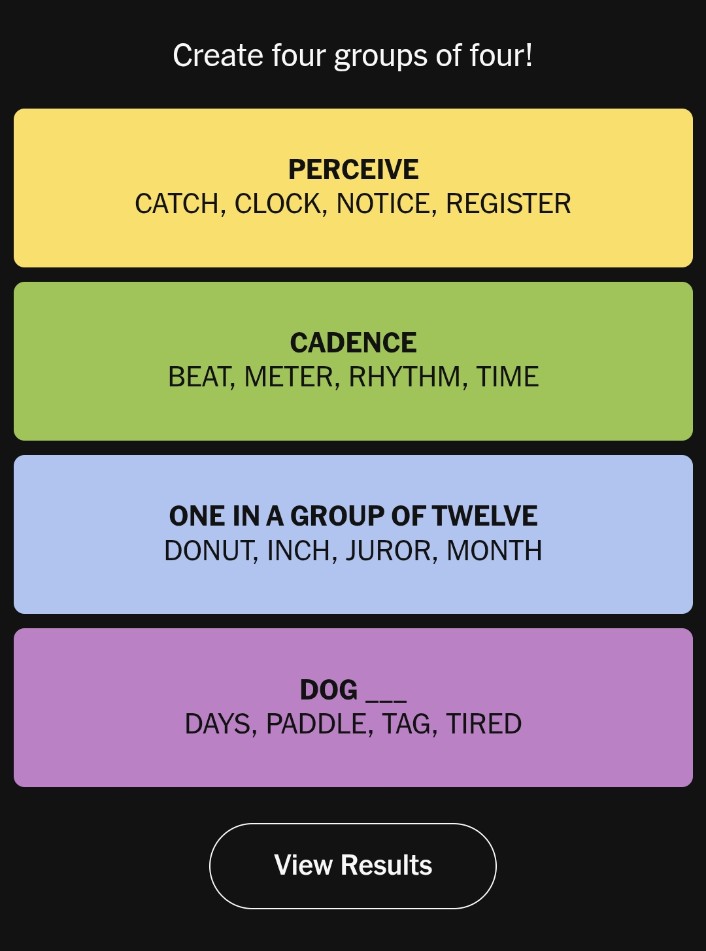 New York Times Connection Game puzzle for January 2, 2025 showing the answers to four groups.